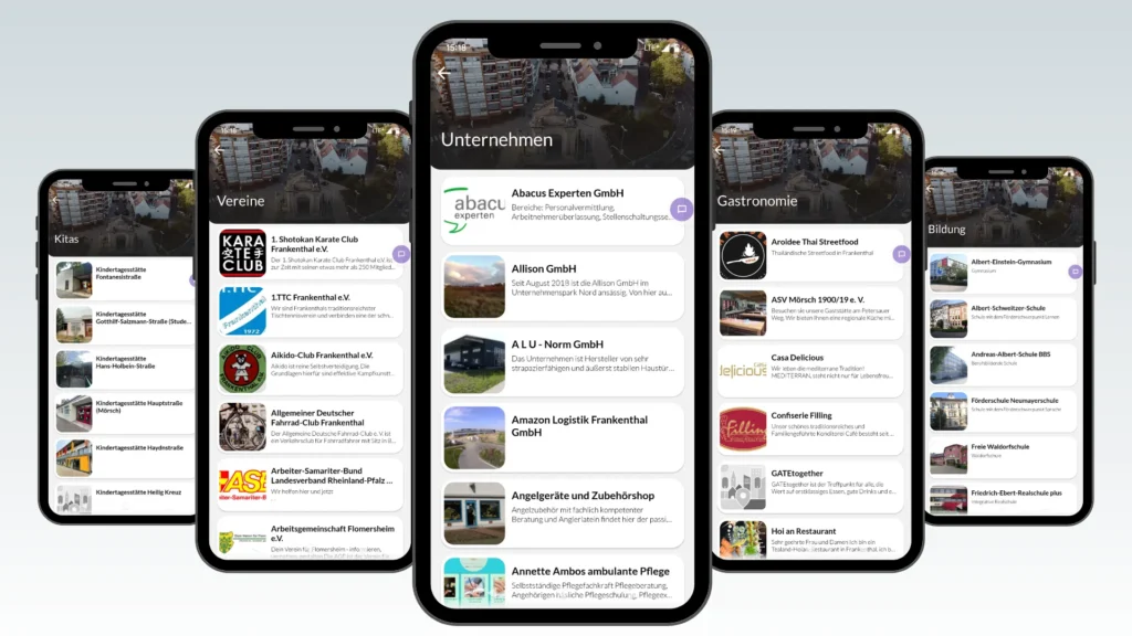 Übersichten der Kategorien Kitas, Vereine, Unternehmen, Gastronomie und Bildung auf Smartphonescreens.