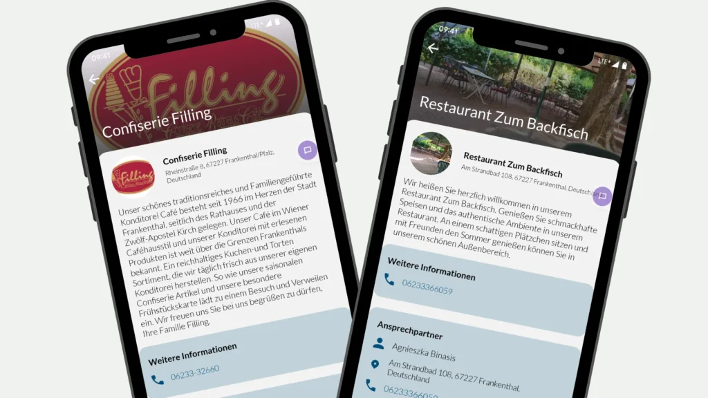 Zwei Smartphonescreens, die die Detailansicht einer Confiserie und eines Restaurants anzeigen - inklusive Telefonnummer, Ansprechpartner und Adresse. 