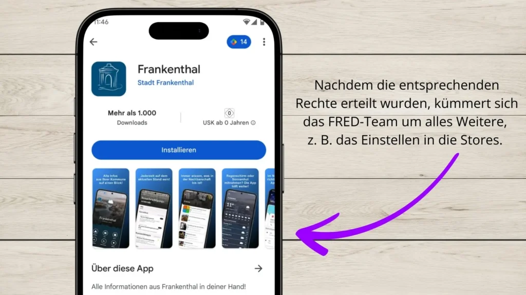 Nachdem die entsprechenden Rechte an das FRED-Team übertragen wurden, kümmert dieses sich darum, dass die App inklusive aller Materialien wie Store-Grafiken und Beschreibung eingestellt wird. 