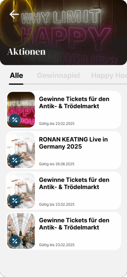 Screen mit einer Gewinnspiel-Aktion für den Antik- und Trödelmarkt.