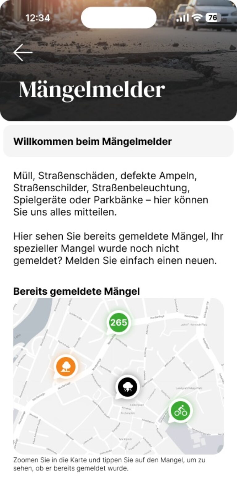 Screen des Mängelmelder. Zu sehen ist eine Karte mit mehreren Markierungen, die einen Mangel und dessen Bearbeitungszustand anzeigen.