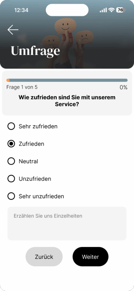 Screen zu einer Bürgerumfrage. Gefragt wird, wie die Bürger den Service der Verwaltung finden mit verschiedenen Antwortmöglichkeiten.