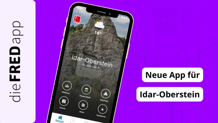 Homescreen der App von Idar-Oberstein vor lila Hintergrund.